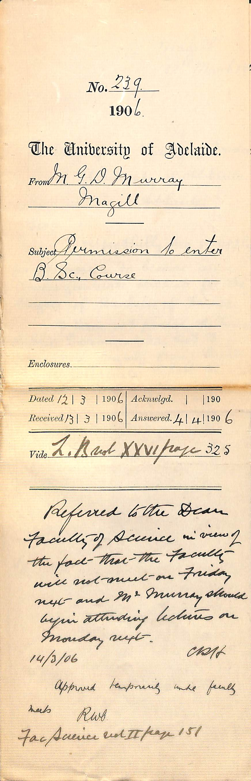 Permission to enter BSc Course