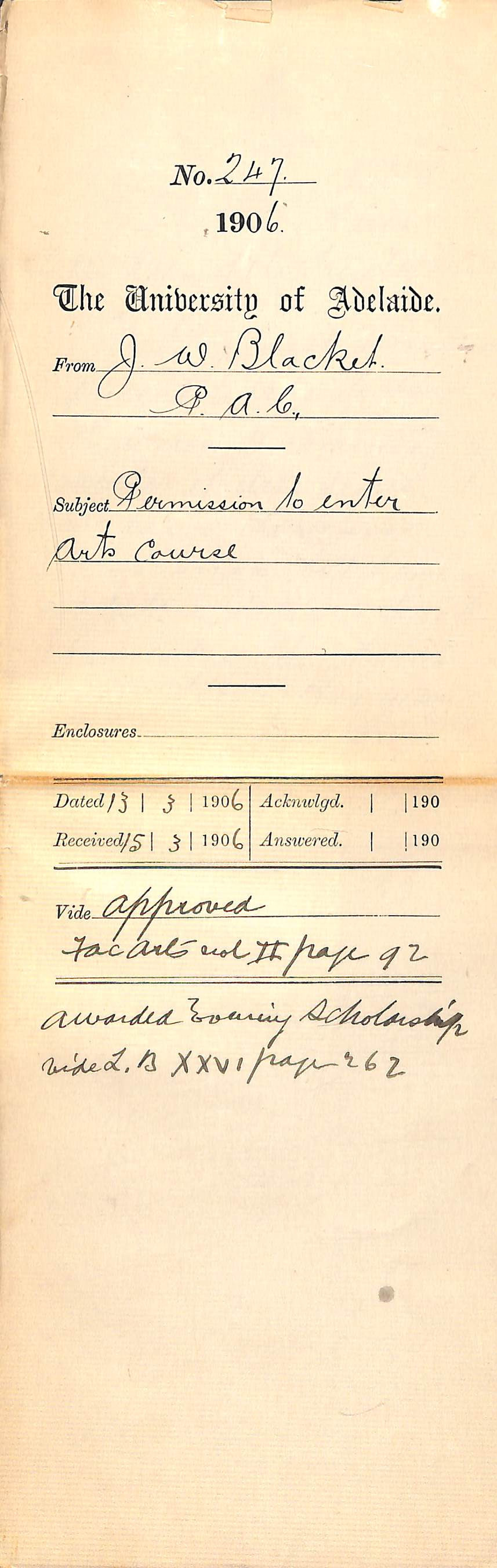 Permission to enter Arts Course