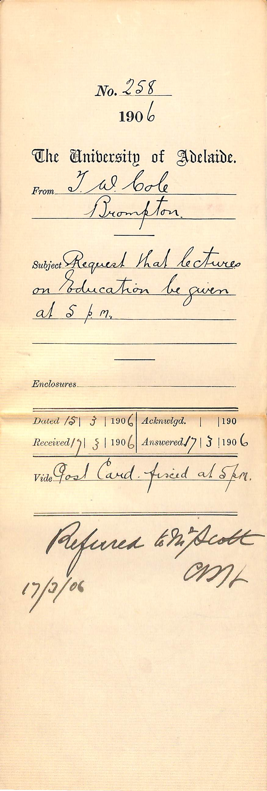 Request that lectures on Education be given at 5pm