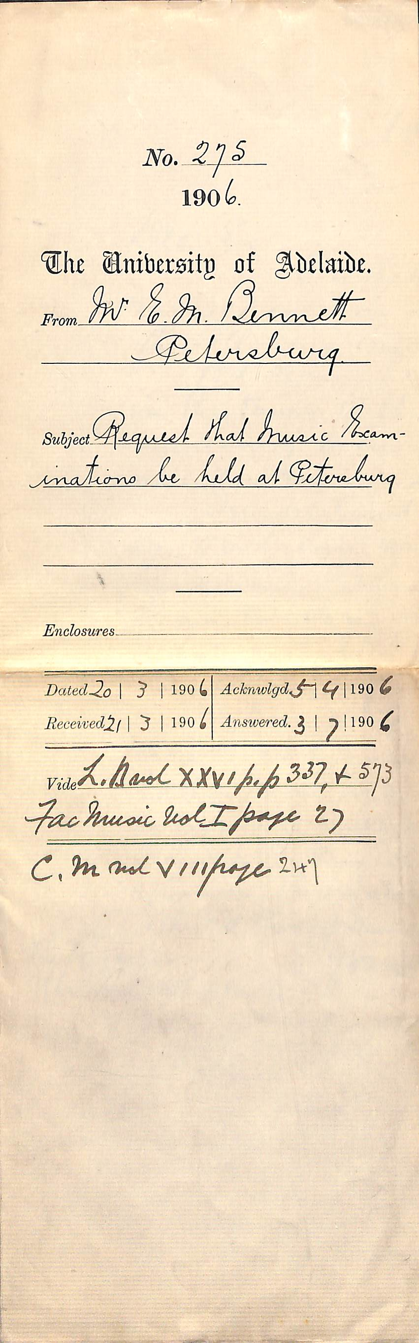 Request that Music Examinations be held at Petersburg