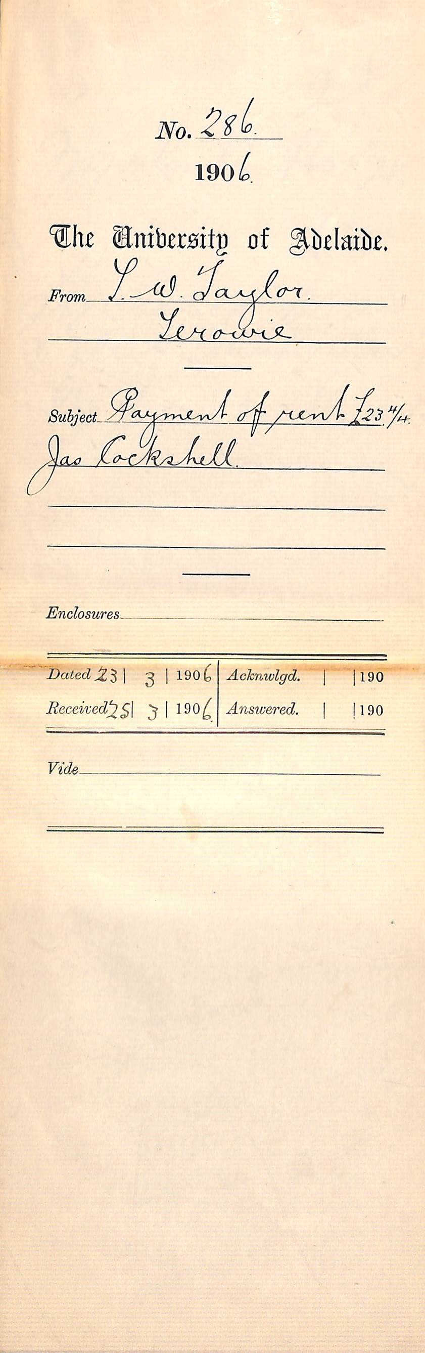 Payment of rent &pound;23-4-4 James Cockshell