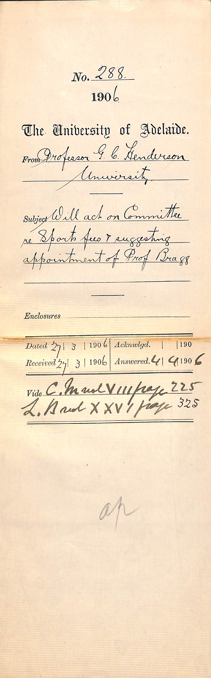 Will act on Committee re Sports fees and suggesting appointment of Professor Bragg