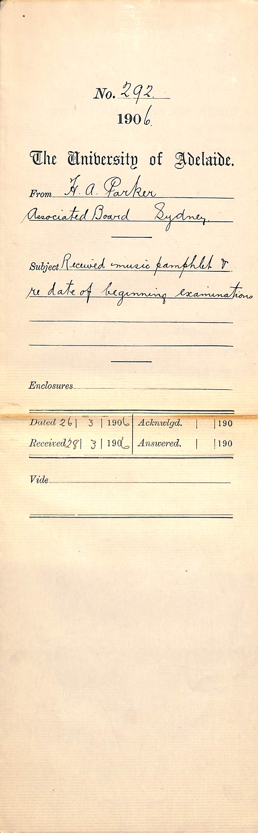 Received Music Pamphlets and re date of beginning Examinations