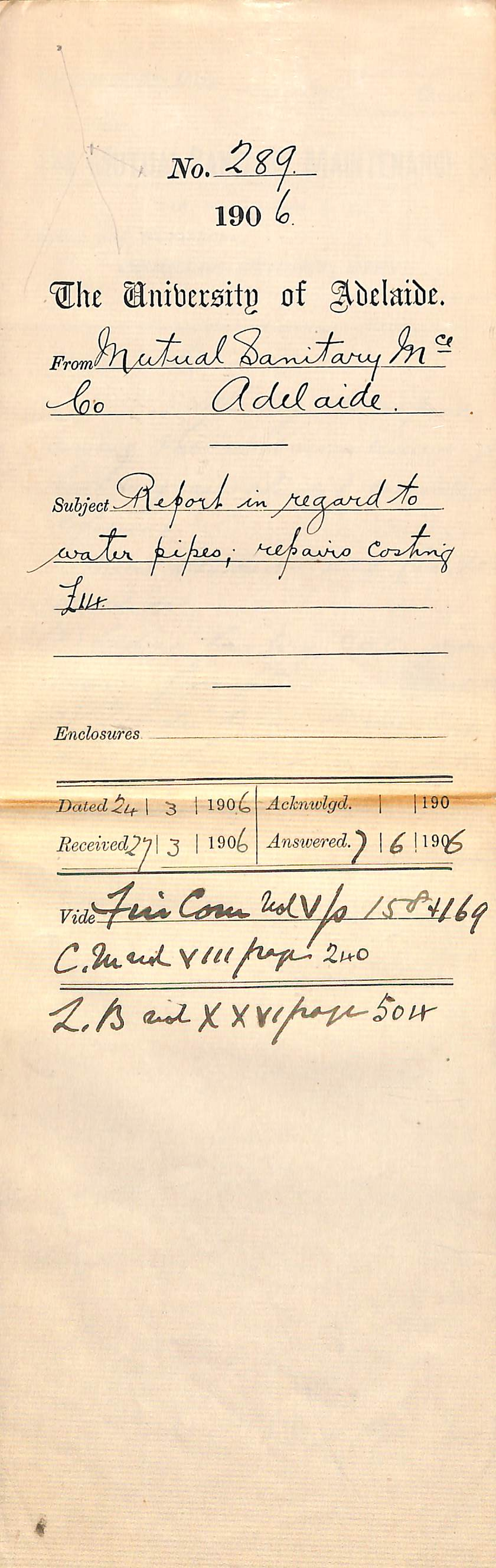 Report in regard to water pipes repairs costing &pound;14