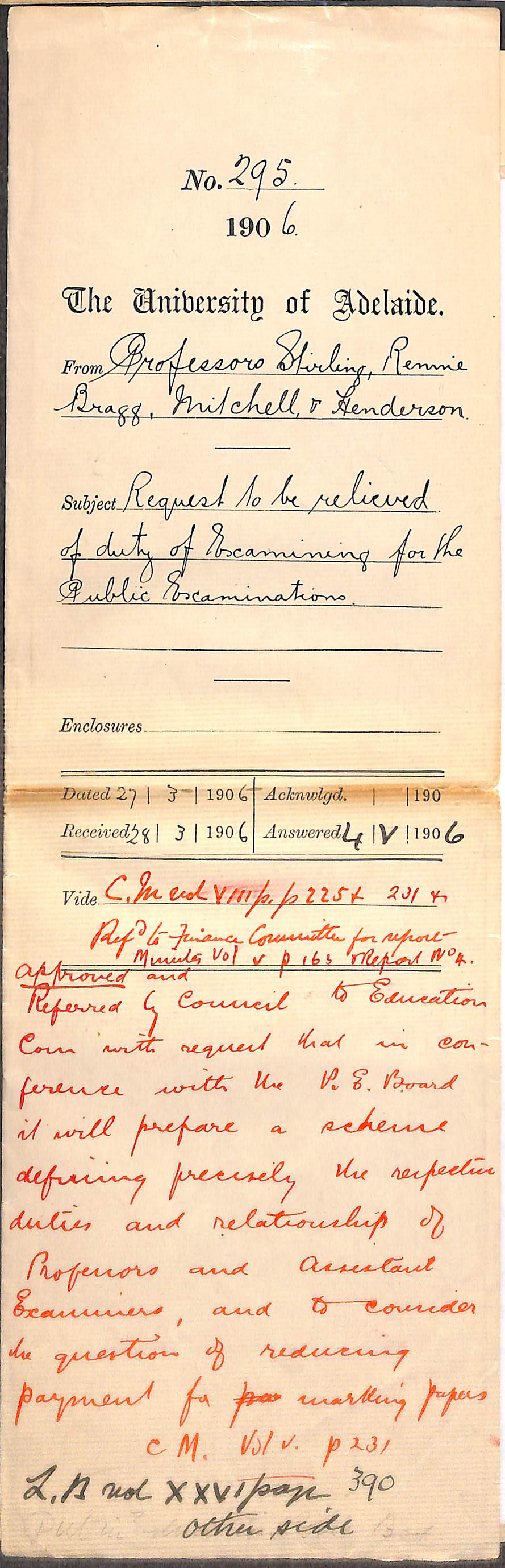 Request to be relieved of duty of Examining for the Public Examinations