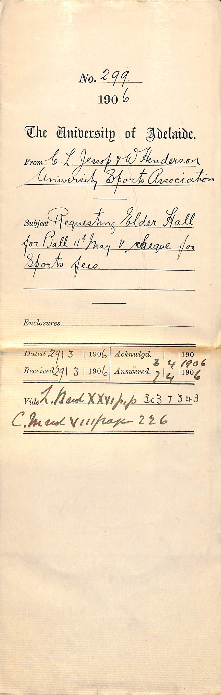 Requesting Elder Hall for Ball 11th May and cheque for Sports fees