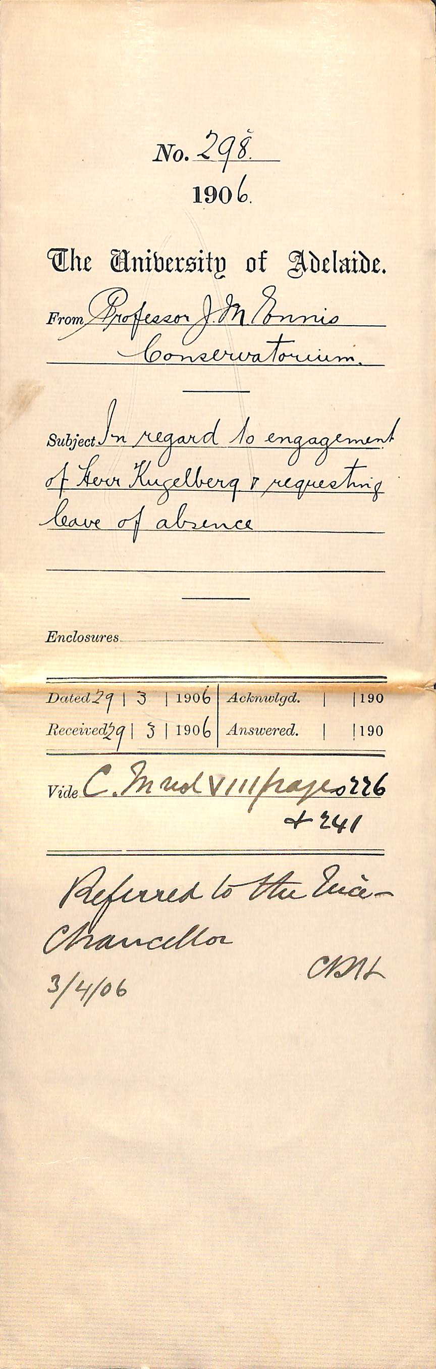 In regard to engagement of Herr Kugelberg and requesting leave of absence