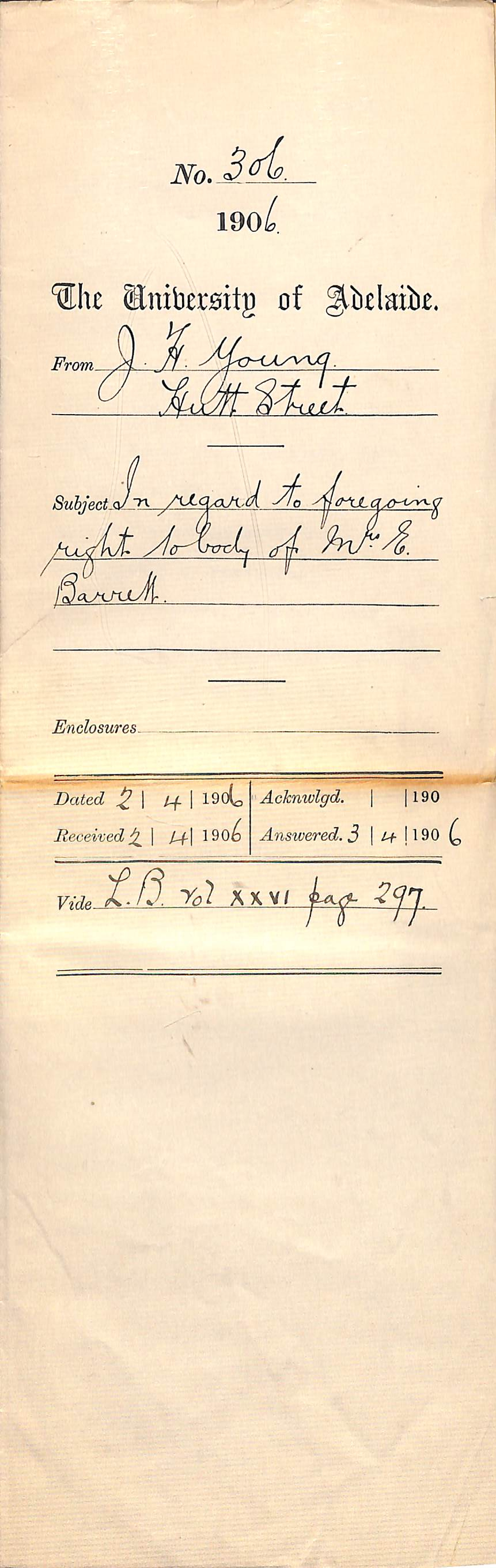 In regard to foregoing right to body of Mrs E Barrett