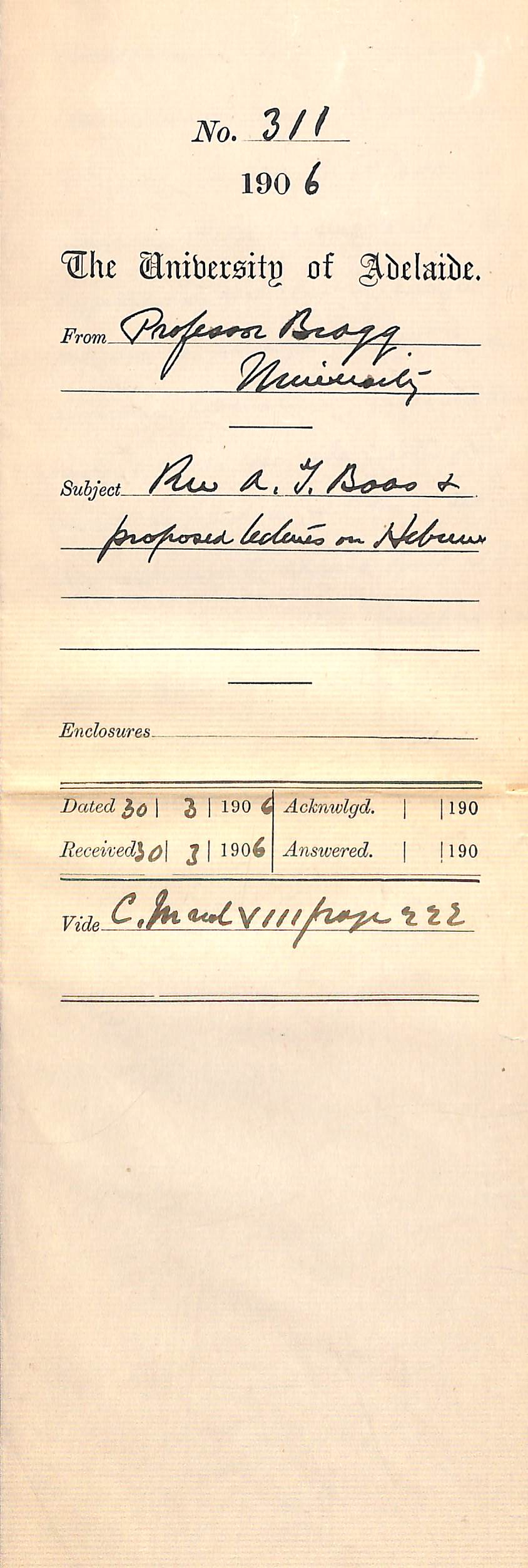 Reverend A T Boas and proposed lectures on Hebrew