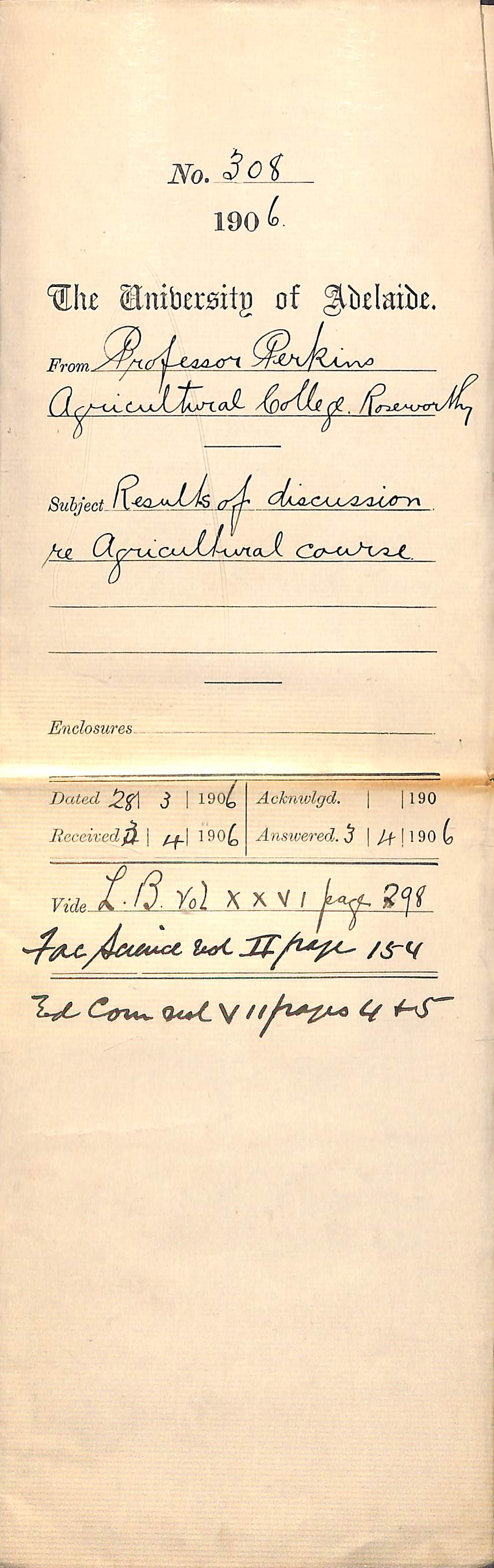 Results of discussion re Agricultural Course