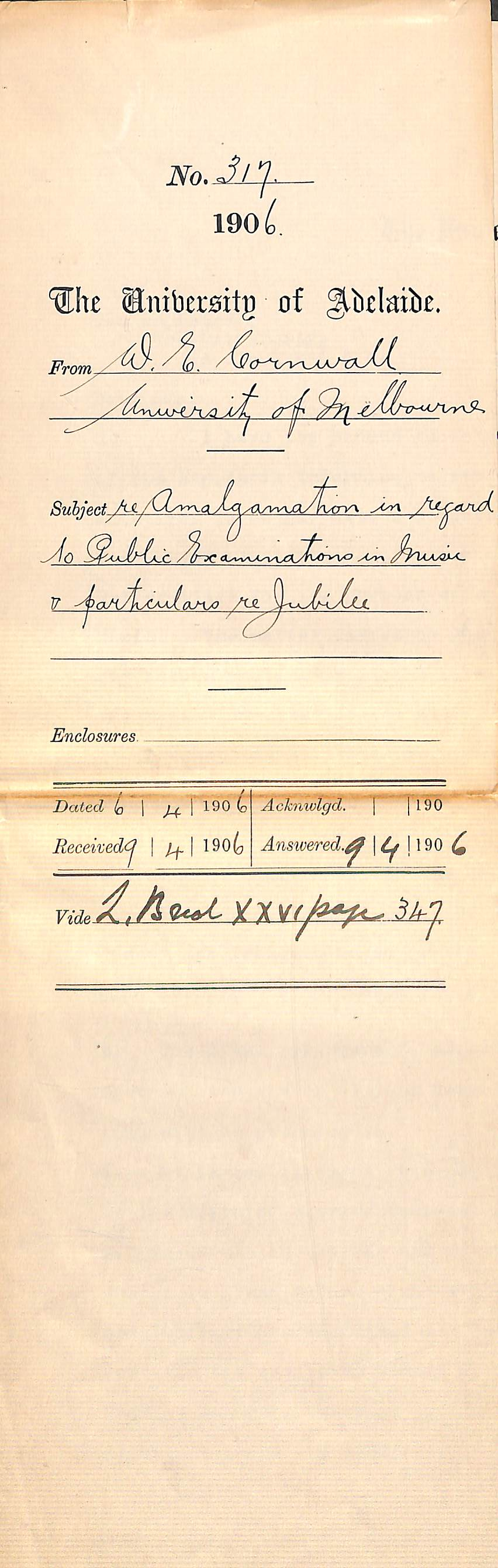 Amalgamation in regard to Public Examinations in Music and particulars re Jubilee