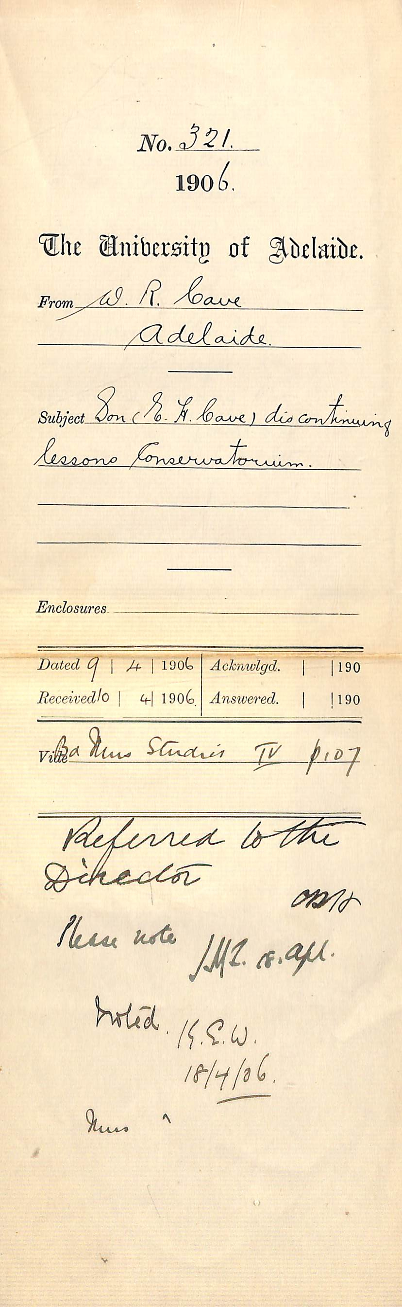 Notification of son discontinuing lessons