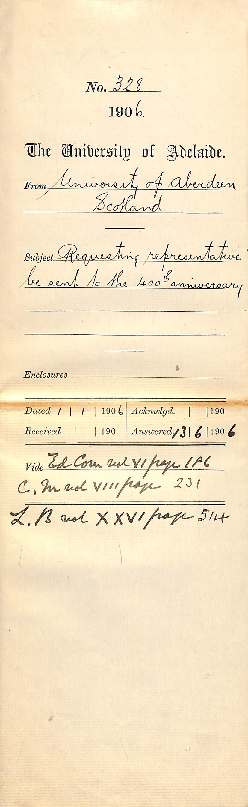 Requesting a representative to be sent to the 400th anniversary - Full docket