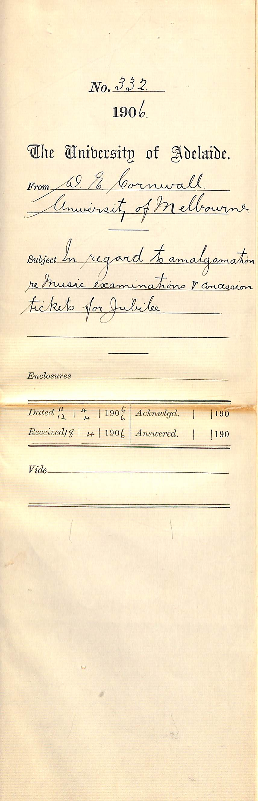 Regarding the amalgamation of music examinations and the concession tickets to the Jubilee