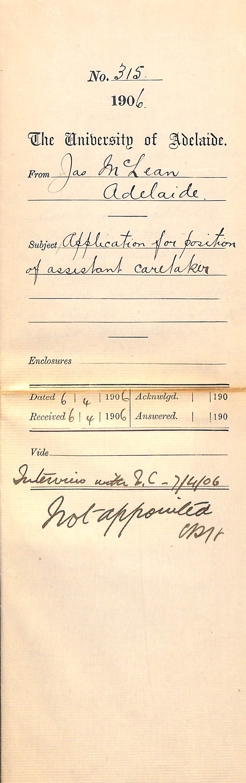 Application for position of Assistant Caretaker