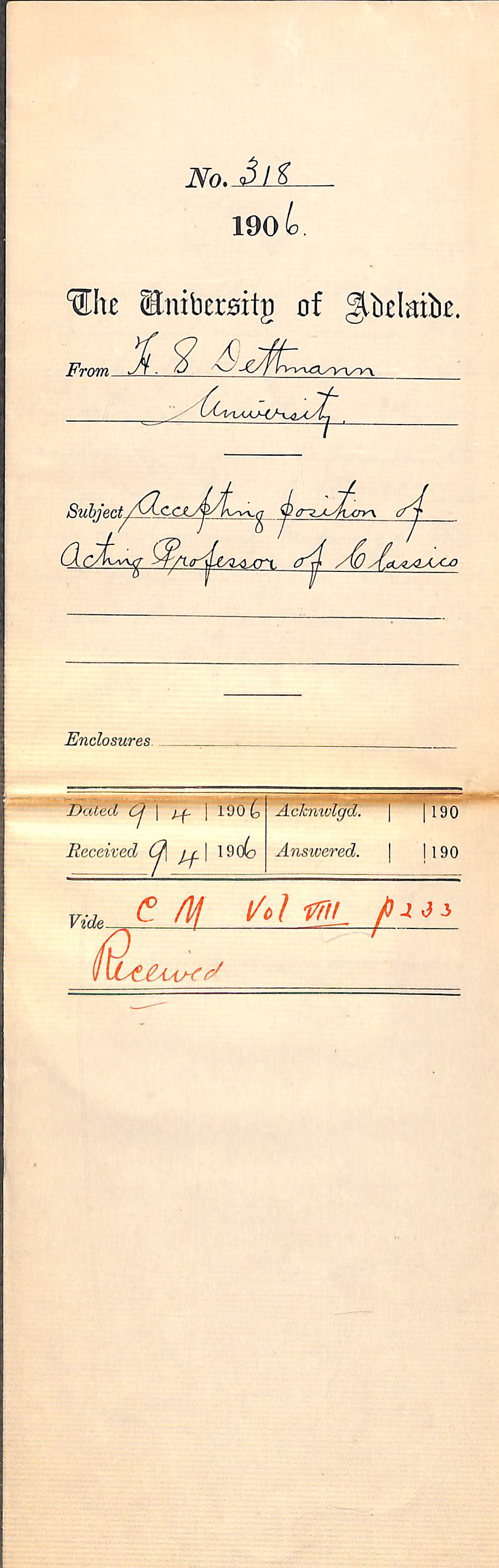 Accepting position of Acting Professor of Classics