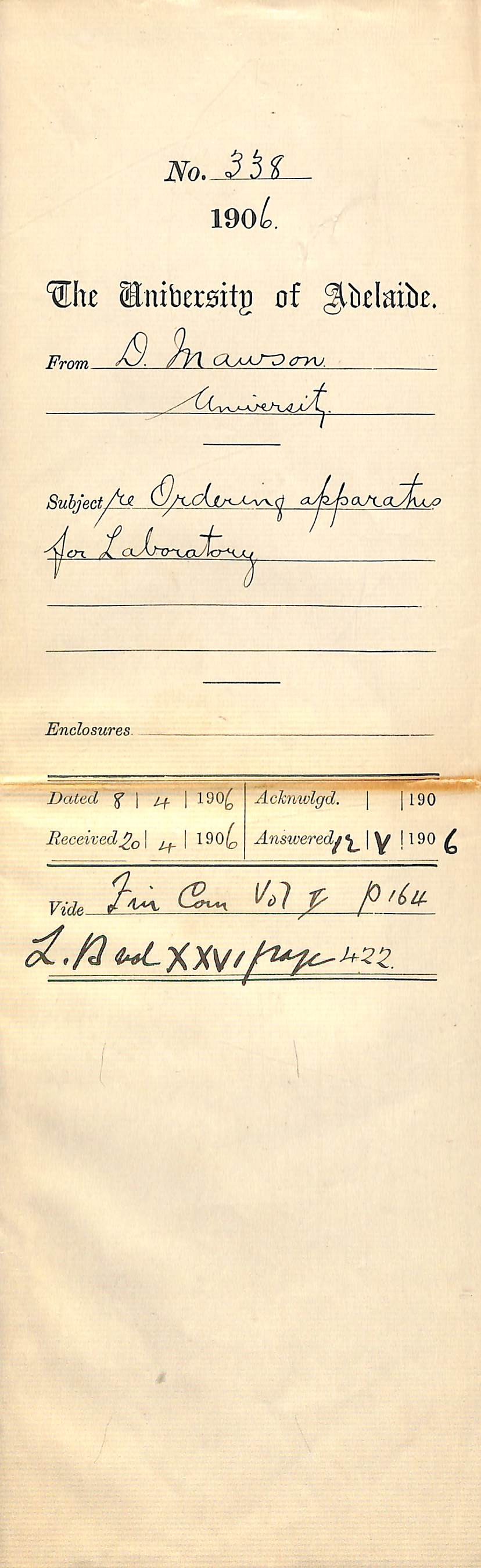 Request to order scientific apparatus for University laboratory