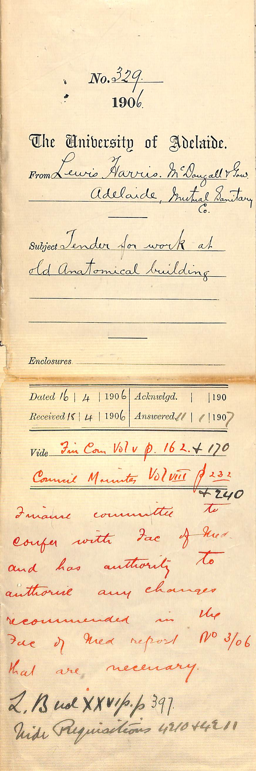 Report on work done on old Anatomical building and tender