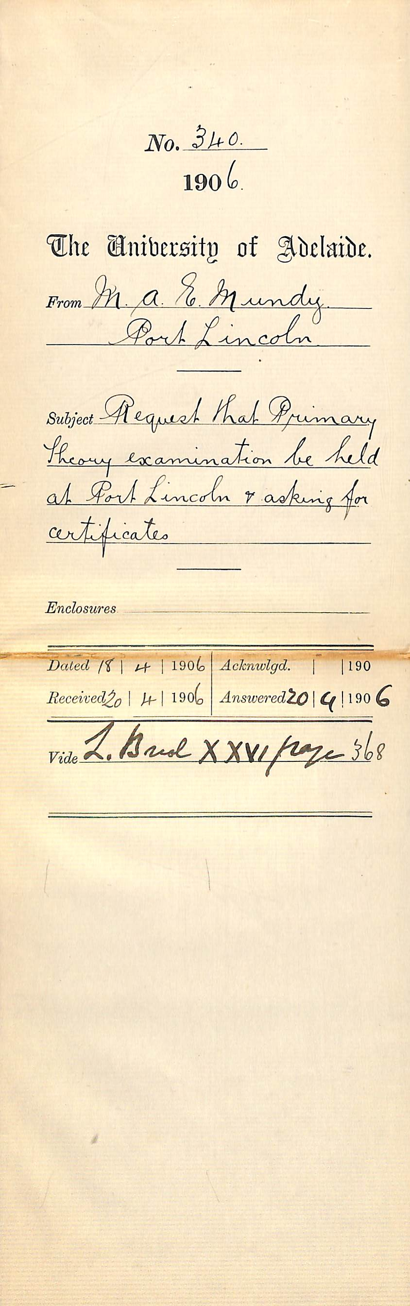 Requesting Primary Theory exam be held at Port Lincoln and requesting of certificates