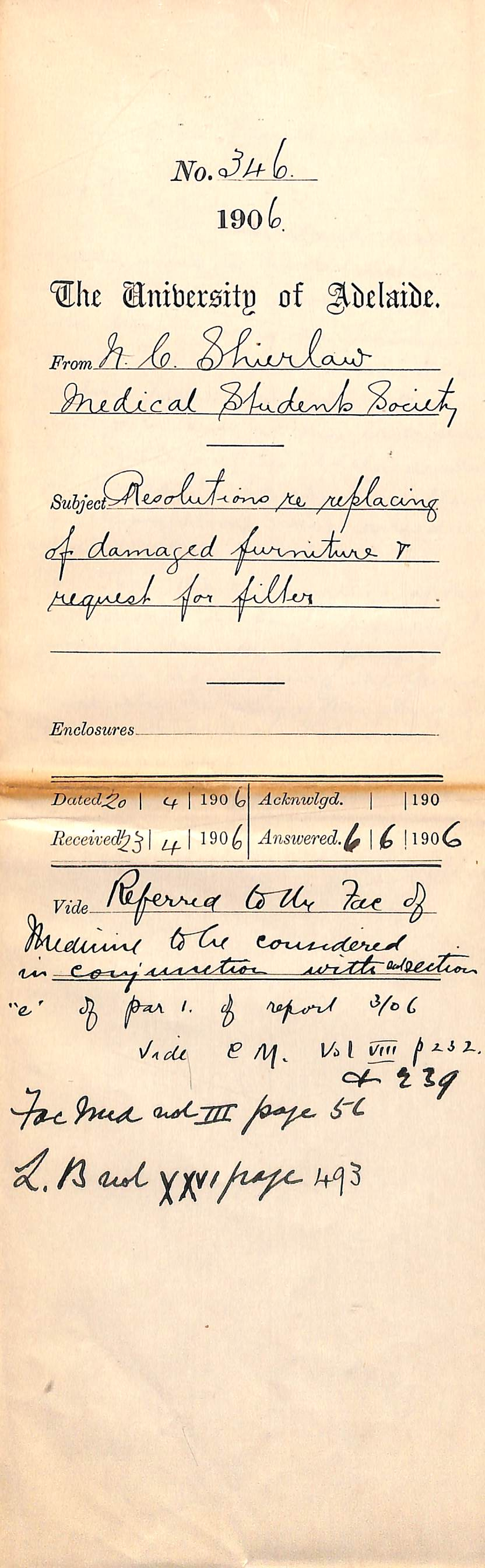 Resolutions of the Medical Student Society regarding the use of lecture rooms between classes and the replacement of furniture and a request for a filter