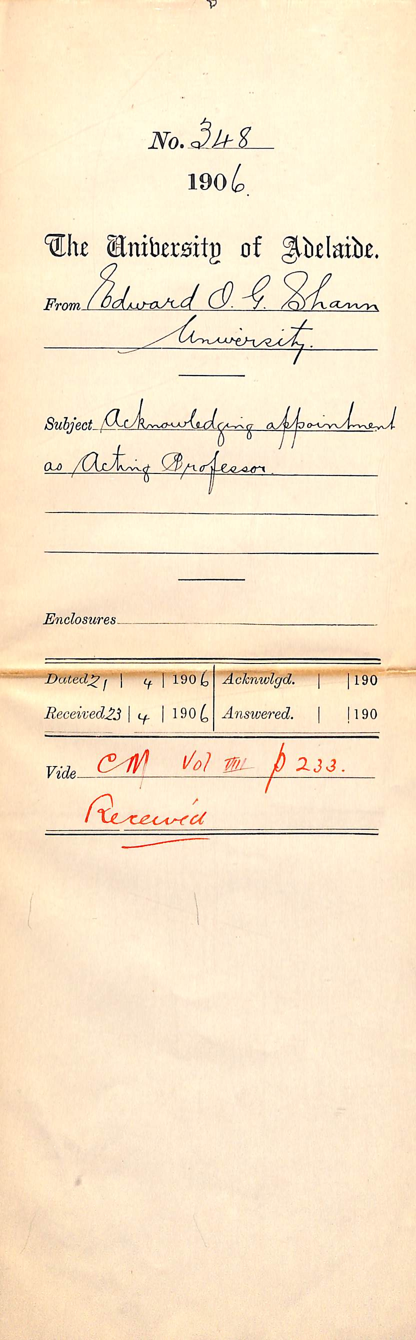 Acknowledging appointment as Acting Professor and to various boards