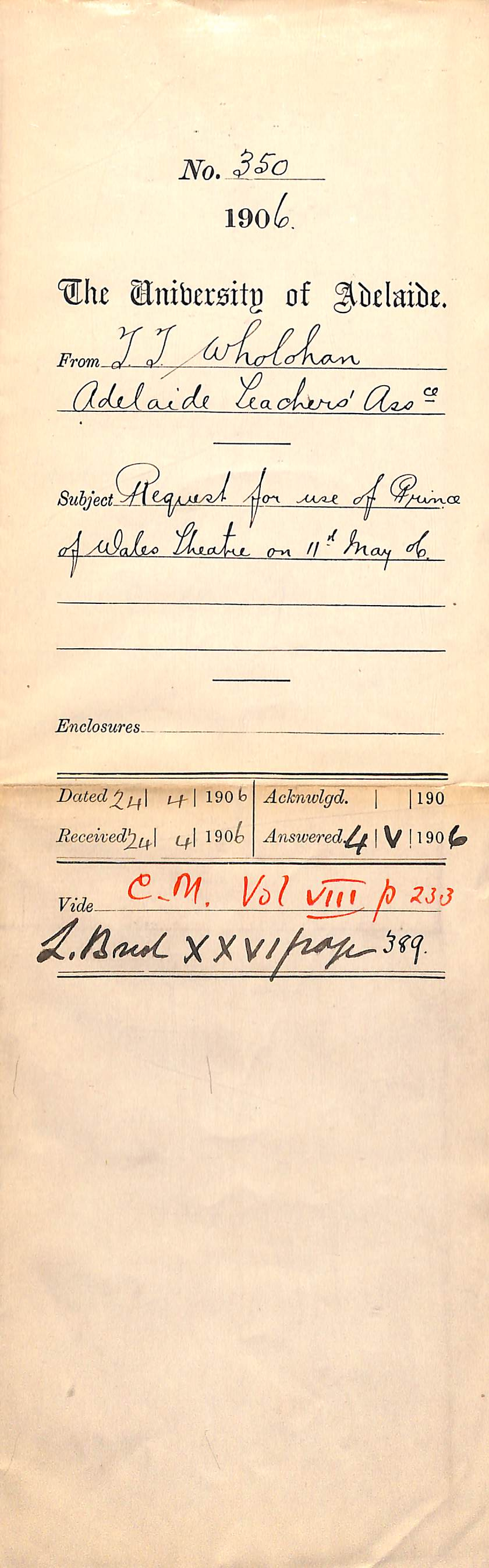 Requesting the use of the Prince of Wales Theatre on the 11th of May 1906