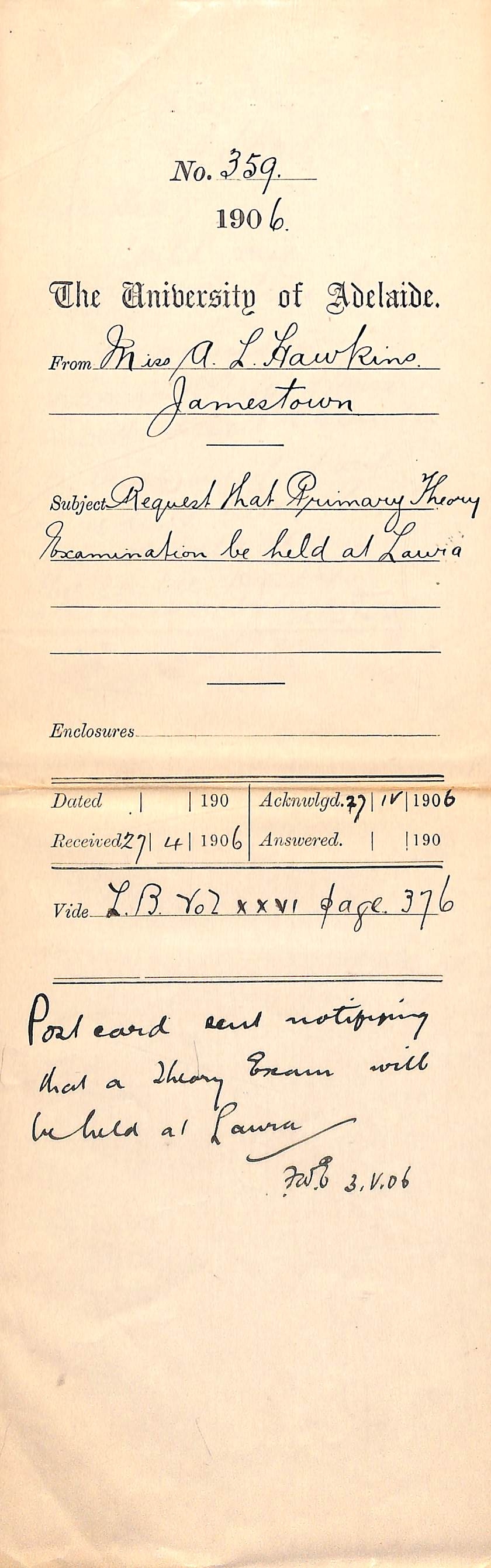 Request for the Primary Theory examination to be held at Laura