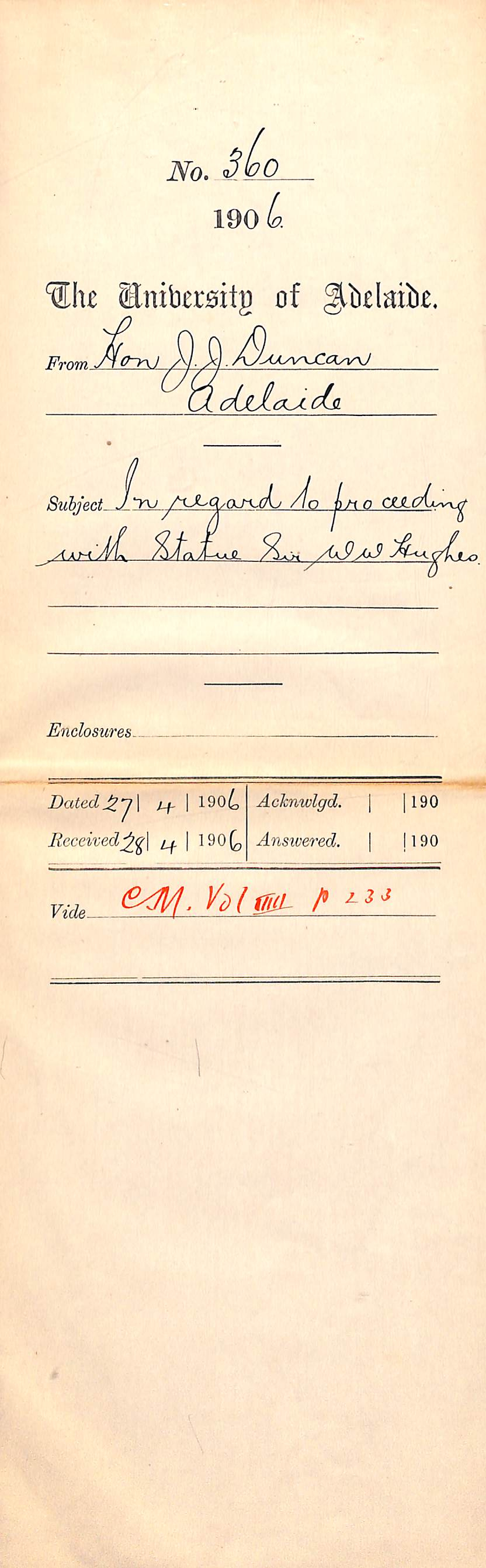 Regarding the construction of a statue of Sir W W Hughes