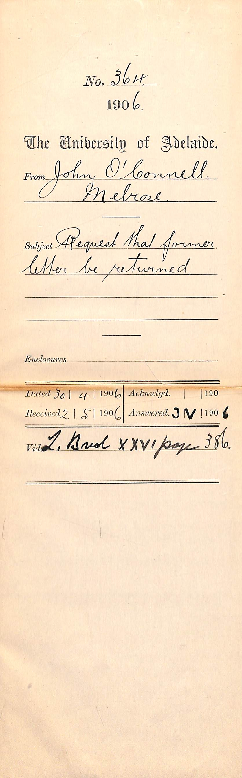 Requesting former letter be returned