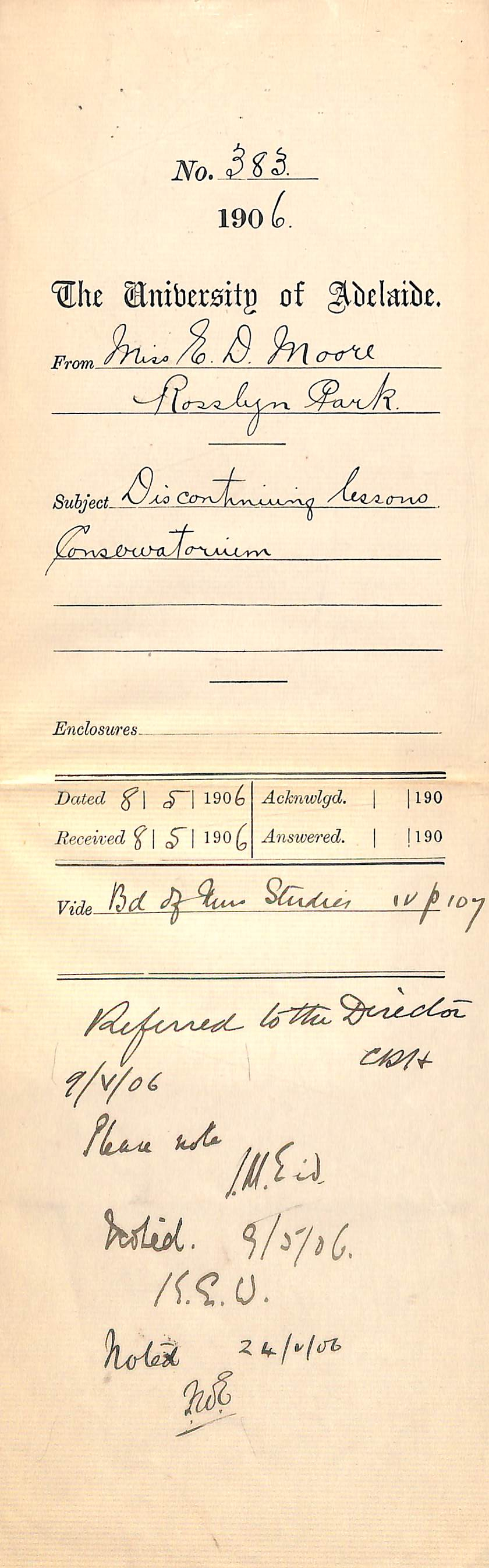 Regarding daughter discontinuing singing lessons at the Conservatorium