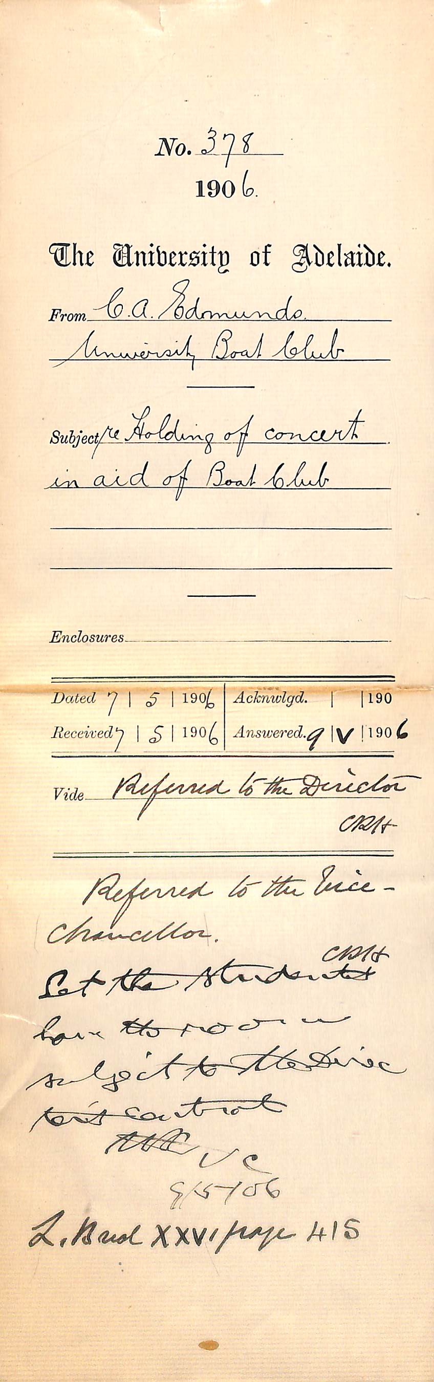 Regarding the holding of a Students Concert in aid of the Boat Club