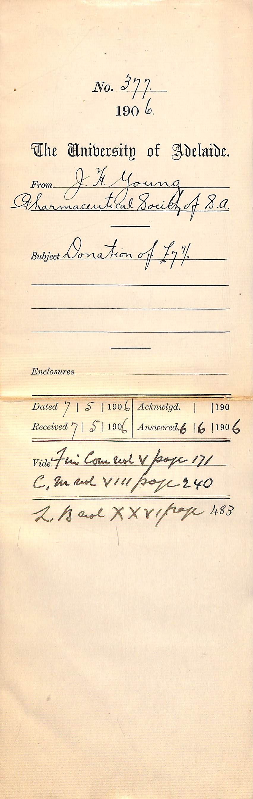 Cheque for donation of &pound;7-7-0 Primary fees