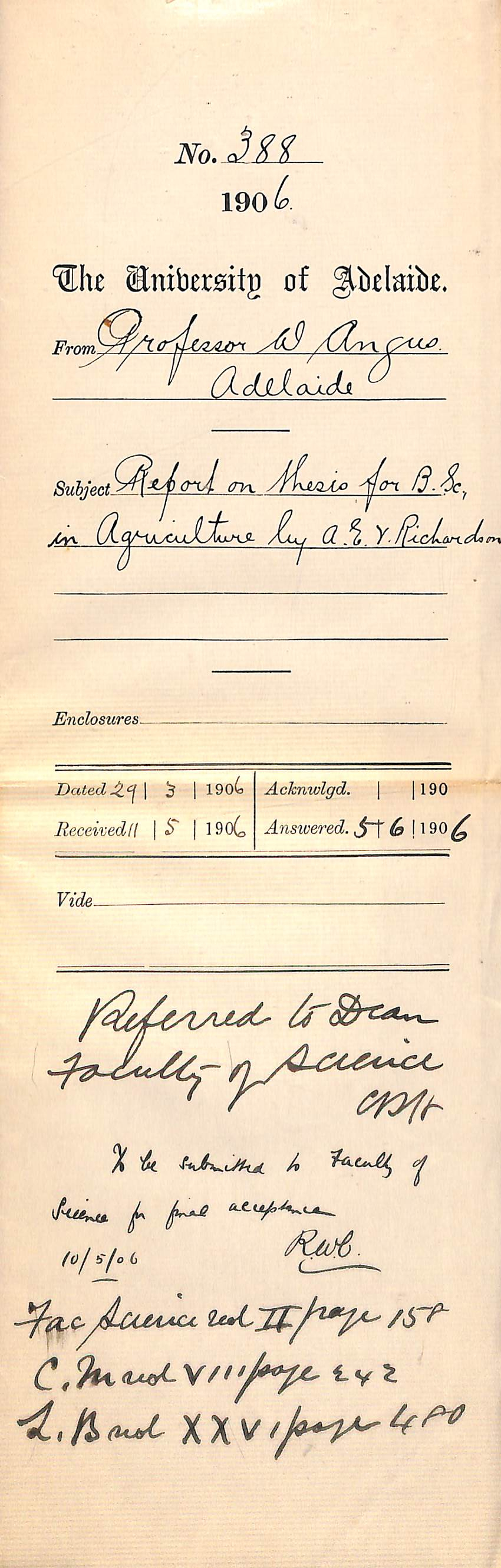 Report on thesis for the Bachelor of Science in Agriculture by A E V Richardson