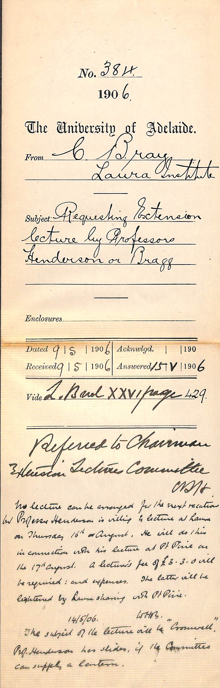 Requesting a lecture by either Professor Henderson or Professor Bragg at the Laura Institute