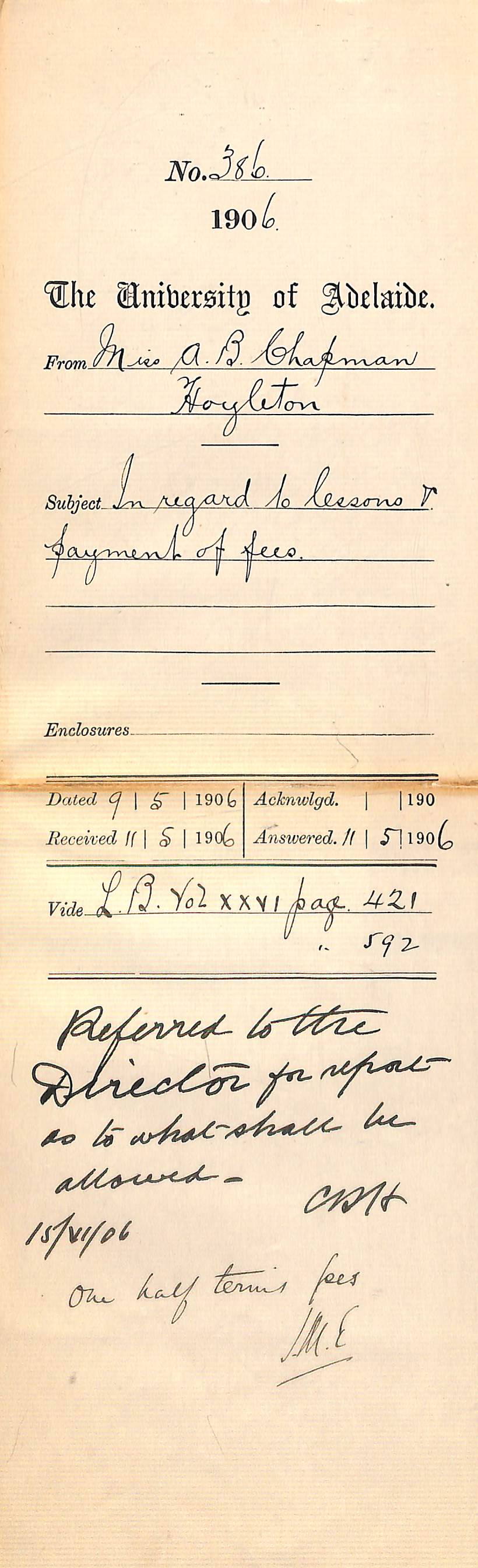 Regarding her return to lessons and the payment of fees