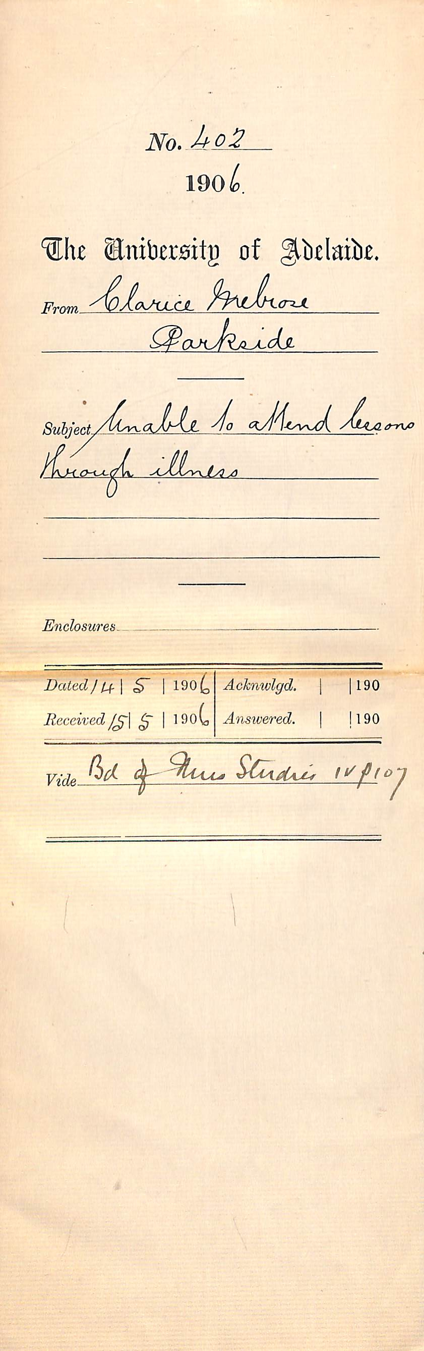 Letter from Florence Melrose that Clarice Melrose will be unable to attend lessons due to illness