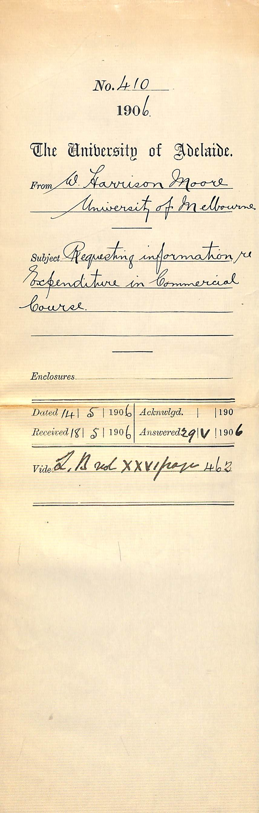 Request for information regarding expenditure in Commercial Course