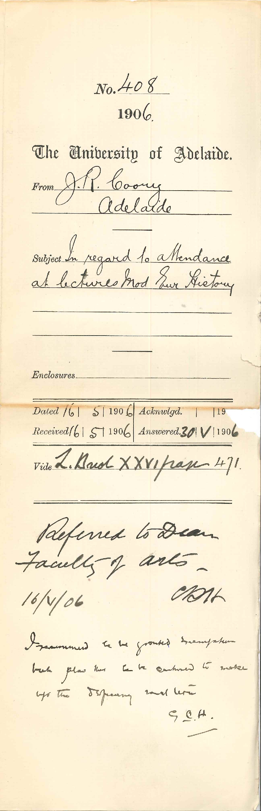 Requesting an exemption from attendance at Modern European History lectures