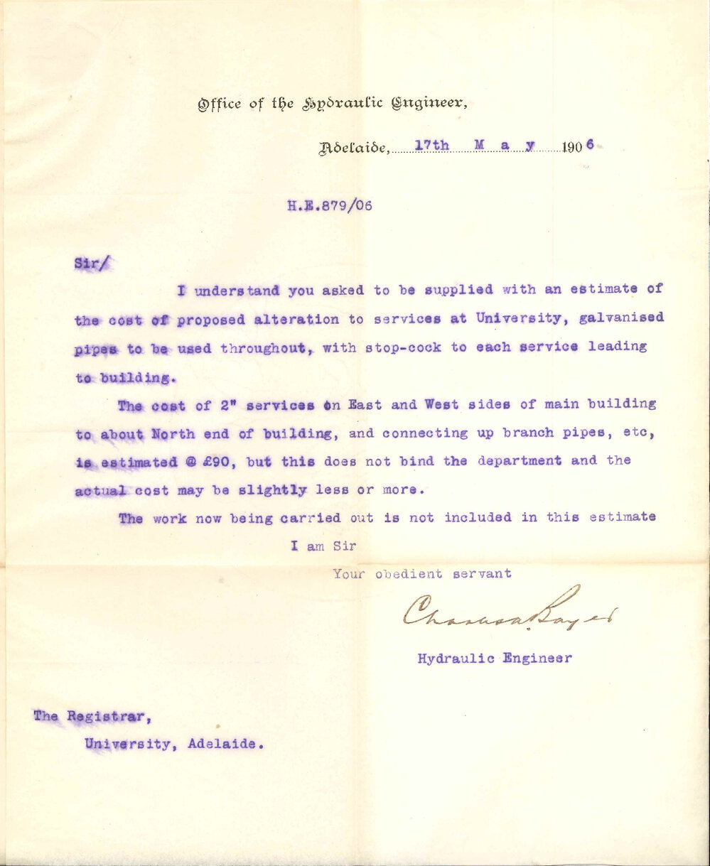 Estimate of cost of alteration of water service