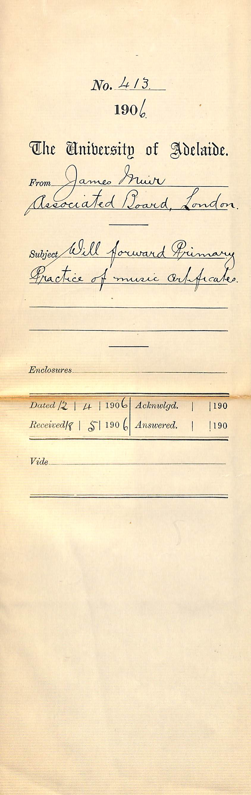 Intention to forward 300 copies of the Primary Division of Music Examinations