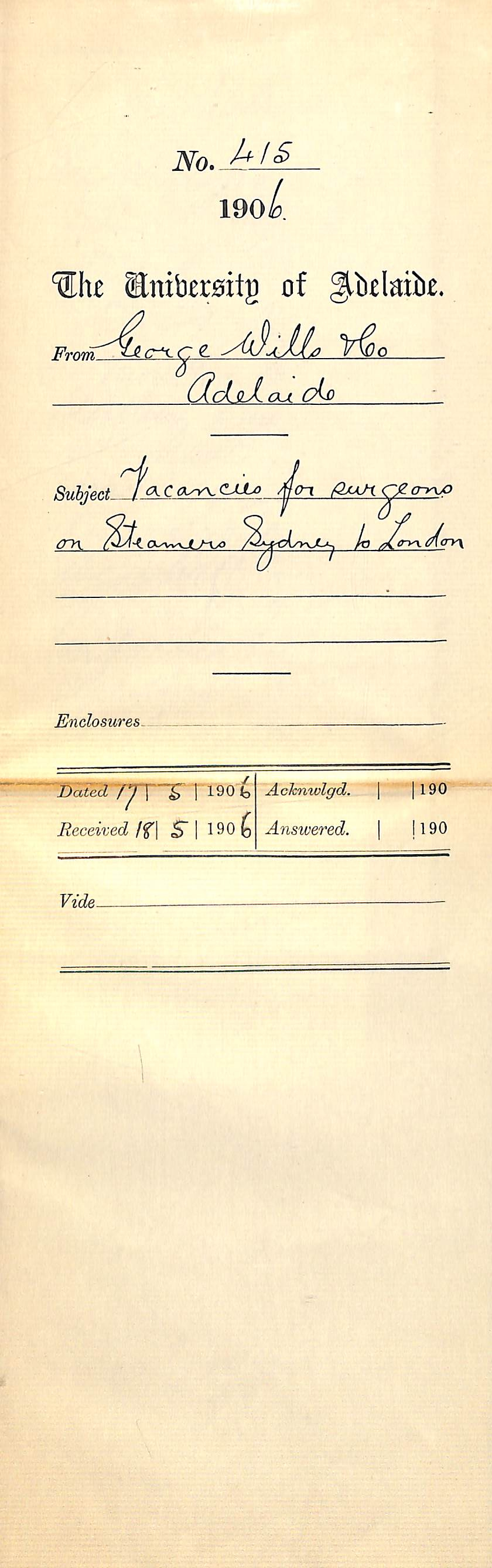 Informing the University of vacancies for surgeons on steamers