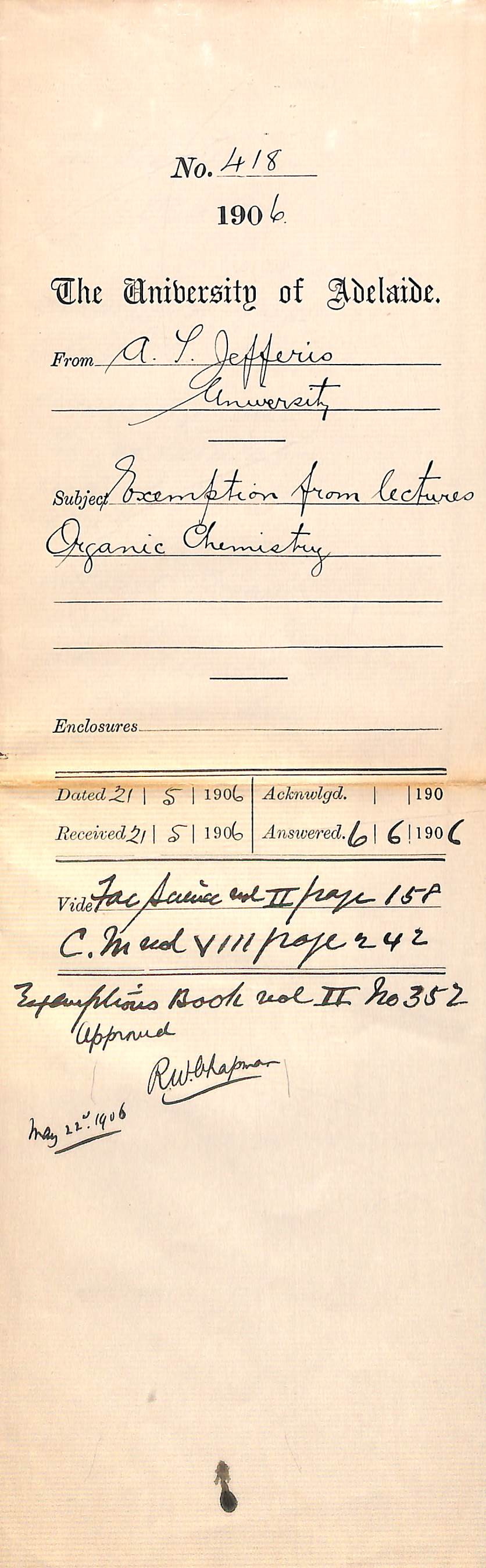 Requesting exemption from attendance of Organic Chemistry lectures