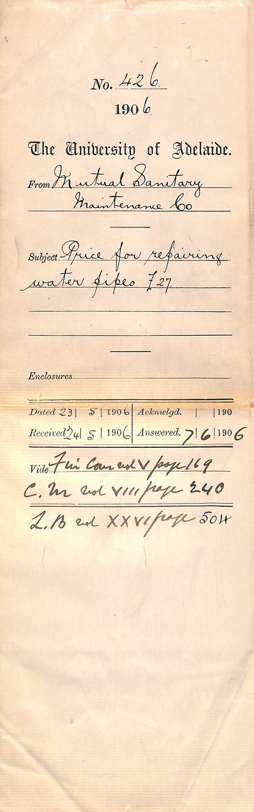 Offer to undertake work on water pipes and the cost of such work