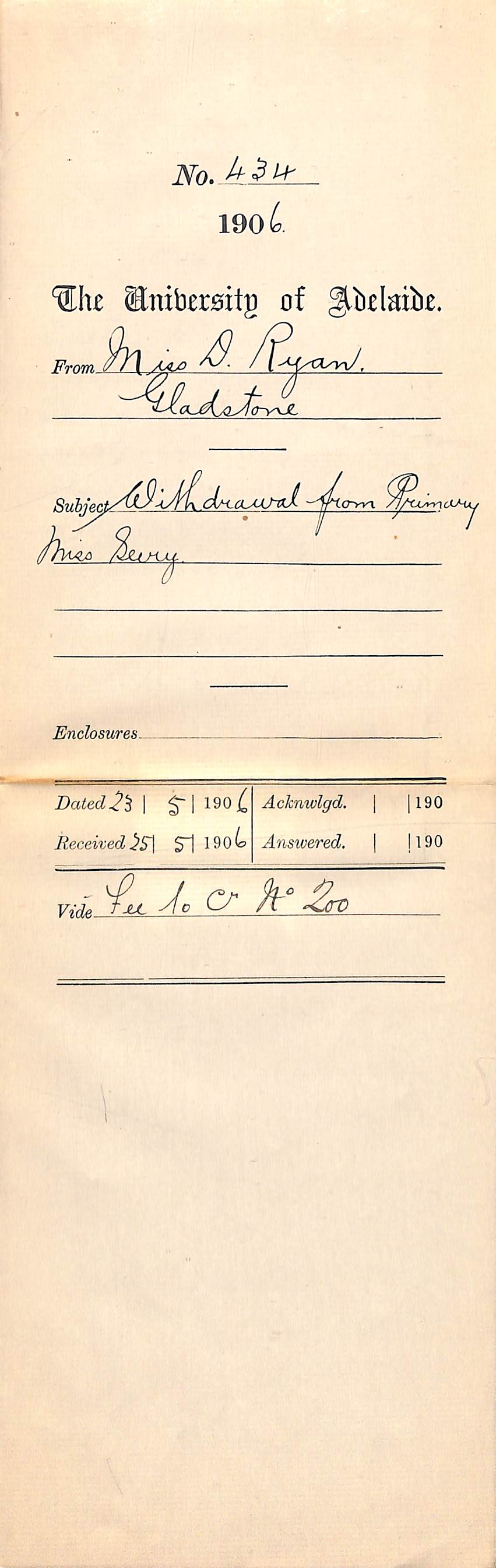 Notification of withdrawal of Miss Seery from Primary examination and enclosure of form for Miss Bowler