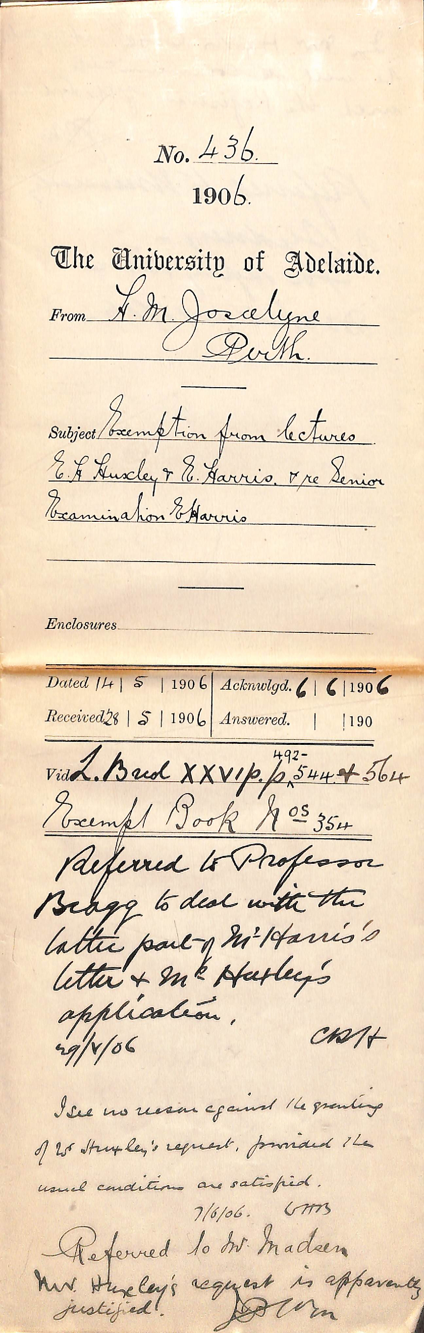 Requesting exemption from lectures for E H Huxley and E Harris