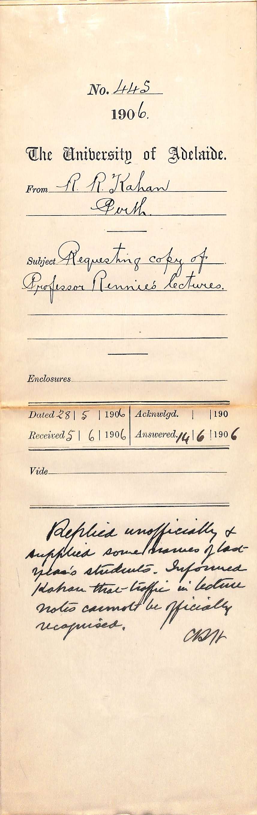 Request for notes from Professor Rennie's lectures