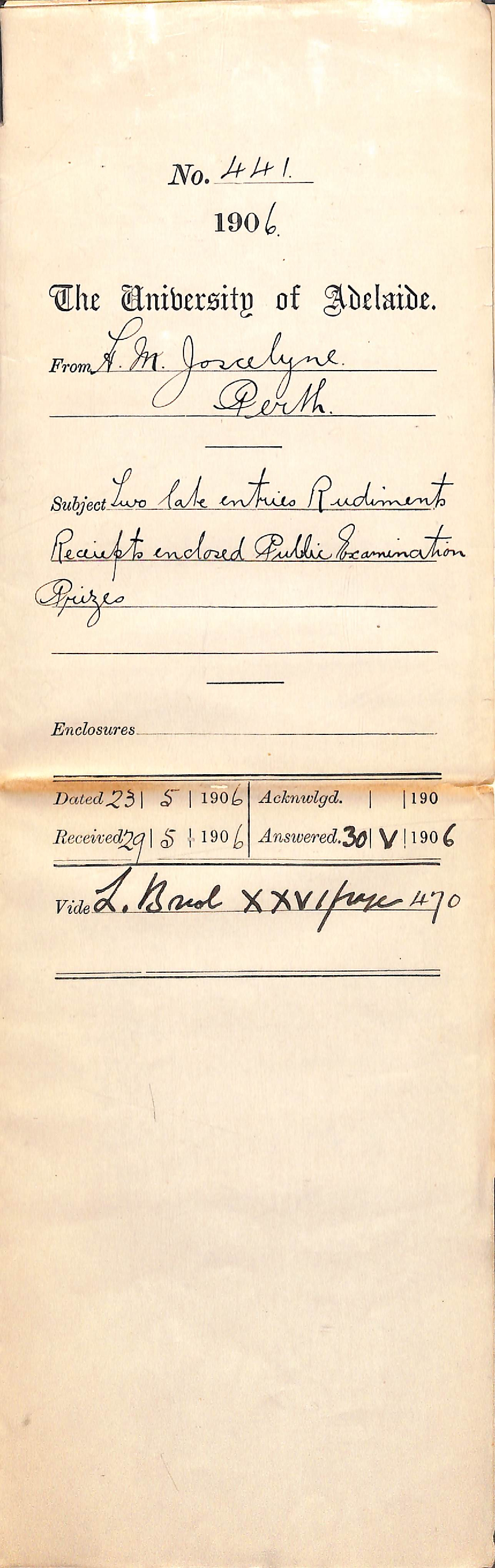 Notification of two late entries into Rudiments and enclosure of their fees and enclosed receipts of Public Examination Prizes - R D'Arcy Irvine - Florence F Hodd