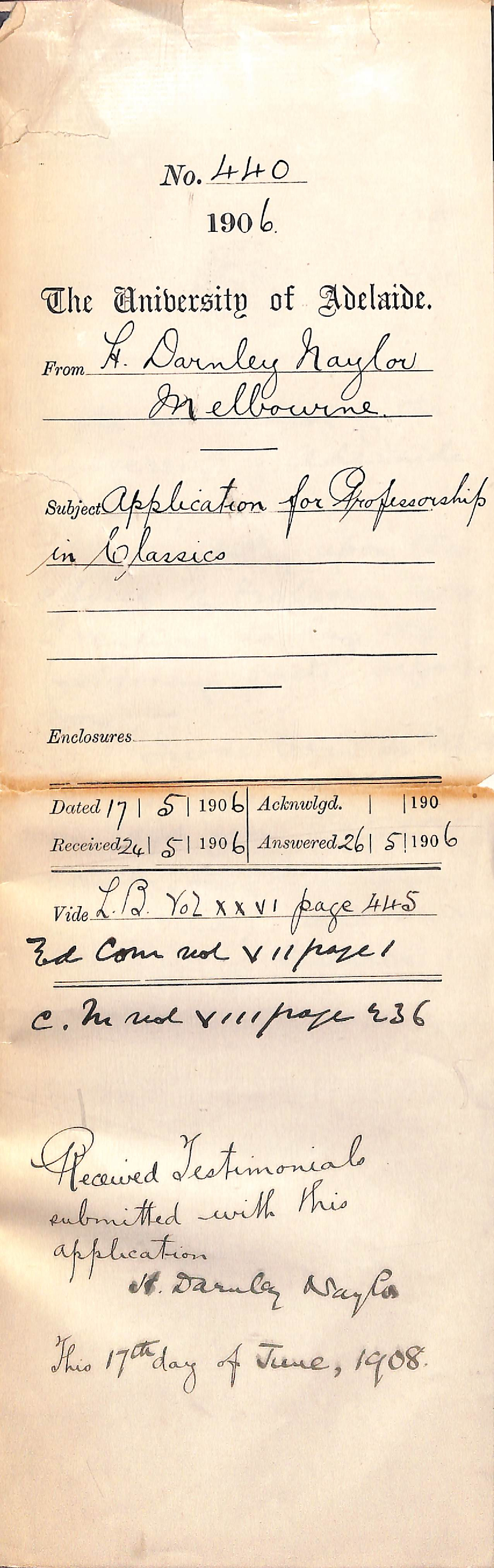 Application for Professorship in Classics