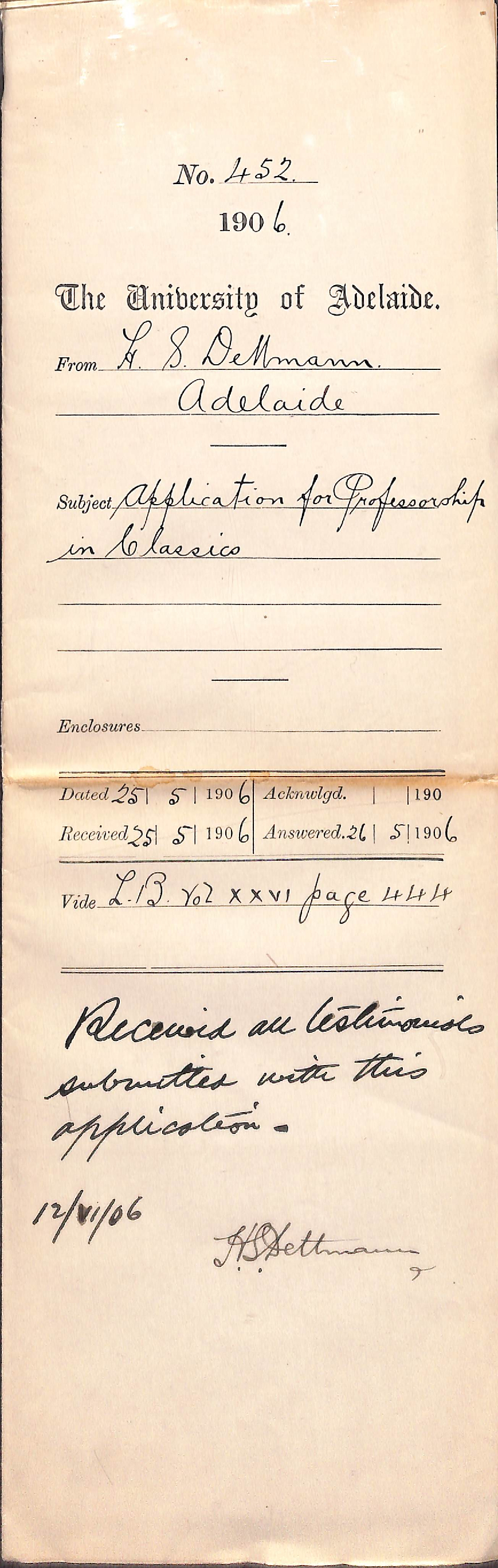 Application for professorship and testimonials