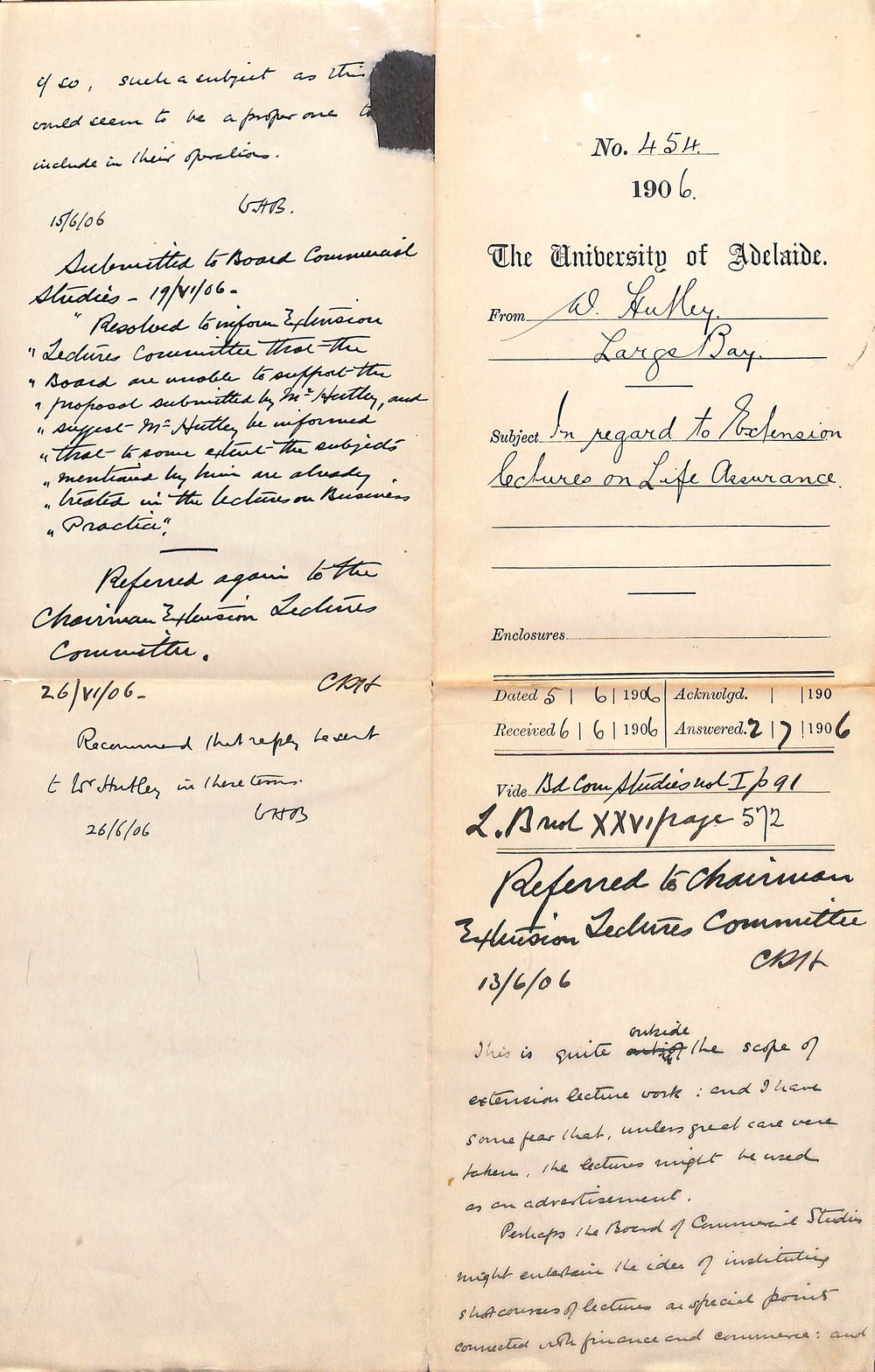 Requesting for three extension lectures to be given on the topic of Life Assurance